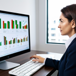 A focused professional businesswoman in a modest, dark business suit, fully clothed, sitting at a modern desk in a bright, contemporary office. She is looking intently at a large monitor displaying complex e-commerce analytics dashboards, with various charts, graphs, and sales data clearly visible. Her hands are naturally positioned on a keyboard or mouse, indicating engagement. The environment is clean and organized, representing a professional workspace. Soft, natural light illuminates the scene. Professional photography, high quality, perfect anatomy, correct proportions, natural pose, well-formed hands, proper finger count, natural body proportions, safe for work, appropriate content, family-friendly.