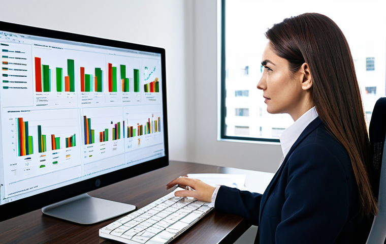 A focused professional businesswoman in a modest, dark business suit, fully clothed, sitting at a modern desk in a bright, contemporary office. She is looking intently at a large monitor displaying complex e-commerce analytics dashboards, with various charts, graphs, and sales data clearly visible. Her hands are naturally positioned on a keyboard or mouse, indicating engagement. The environment is clean and organized, representing a professional workspace. Soft, natural light illuminates the scene. Professional photography, high quality, perfect anatomy, correct proportions, natural pose, well-formed hands, proper finger count, natural body proportions, safe for work, appropriate content, family-friendly.