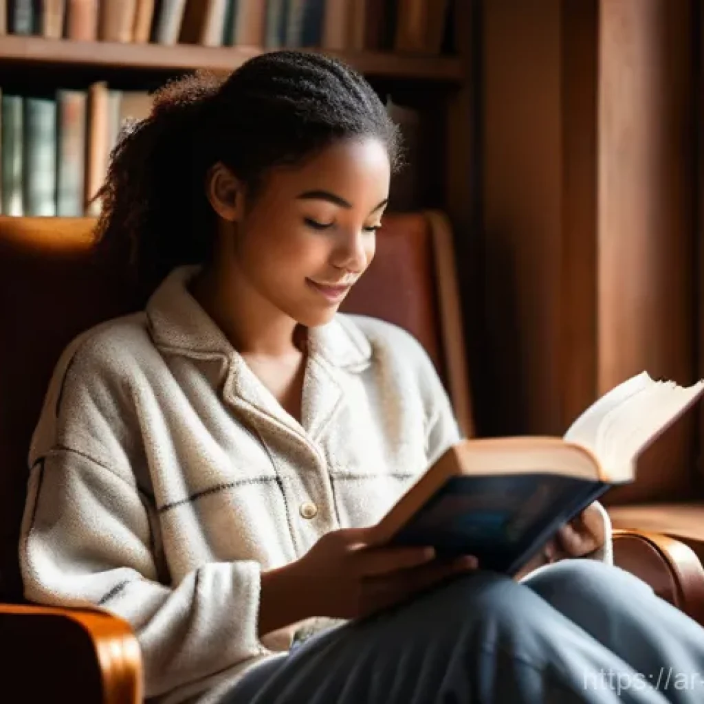 전자상거래 자격증을 활용한 해외 취업 성공 사례 - **Prompt 1: Cozy Reading Nook**
A young woman, approximately 20-25 years old, is comfortably sea...
