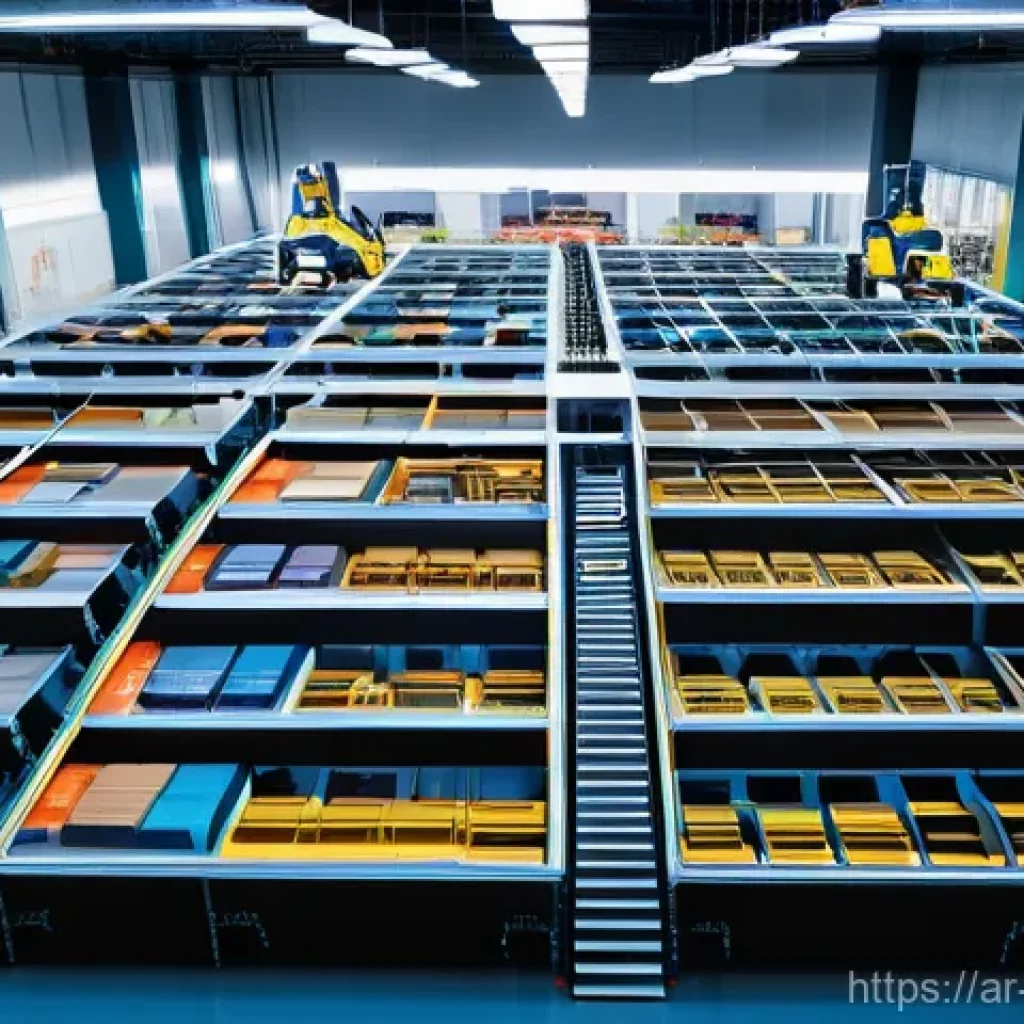 전자상거래 실무와 연계된 물류 관리 기술 - **Prompt:** "A bustling, ultra-modern automated warehouse facility in a vibrant Middle Eastern city....