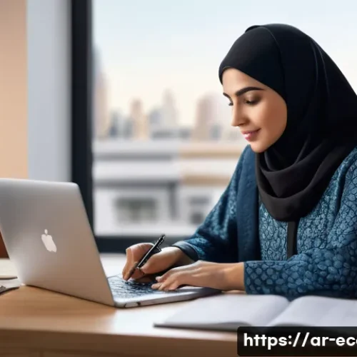 Home 32 전자상거래 자격증 취득 후 대기업 취업 성공 후기 - A modern Middle Eastern professional woman studying e-commerce on a laptop in a cozy home office dec...
