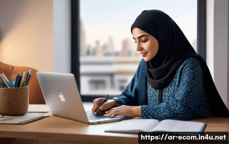 전자상거래 자격증 취득 후 대기업 취업 성공 후기 - A modern Middle Eastern professional woman studying e-commerce on a laptop in a cozy home office dec...