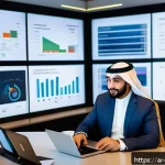Home 19 전자상거래 자격증 취득 후 IT 프로젝트 참여 후기 - A professional Arab man in modern business attire, sitting at a sleek desk with multiple digital scr...
