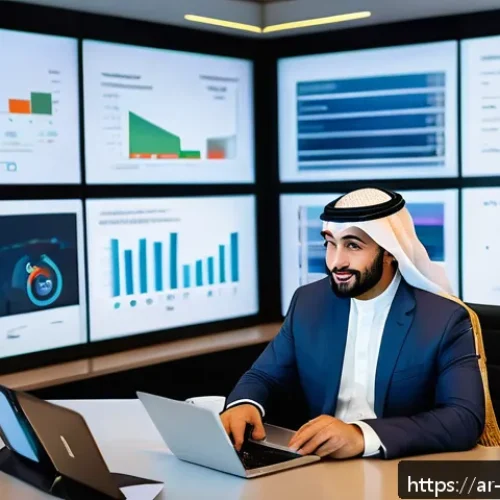 Home 31 전자상거래 자격증 취득 후 IT 프로젝트 참여 후기 - A professional Arab man in modern business attire, sitting at a sleek desk with multiple digital scr...
