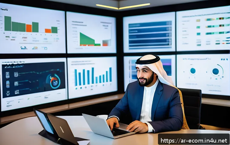 전자상거래 자격증 취득 후 IT 프로젝트 참여 후기 - A professional Arab man in modern business attire, sitting at a sleek desk with multiple digital scr...