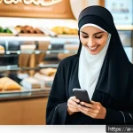 Home 23 전자상거래 실무에서 자주 다뤄지는 사례 분석 - A modern e-commerce mobile app interface displayed on a sleek smartphone held by an Arab woman weari...