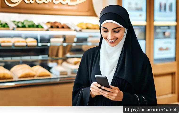 전자상거래 실무에서 자주 다뤄지는 사례 분석 - A modern e-commerce mobile app interface displayed on a sleek smartphone held by an Arab woman weari...