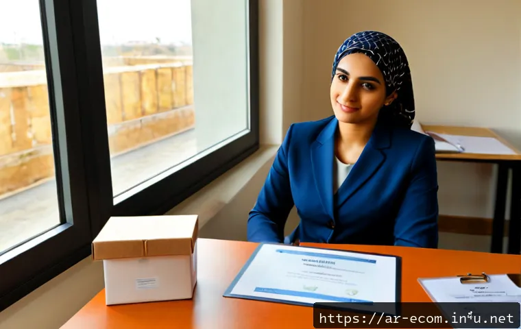 전자상거래 자격증 취득 후 물류 관리 경력 전환 - Photorealistic Middle Eastern Arab professional in modest business attire transitioning from e-comme...
